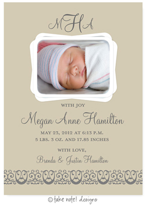 Take Note Designs Digital Photo Birth Announcements - Megan Anne Linen Scroll