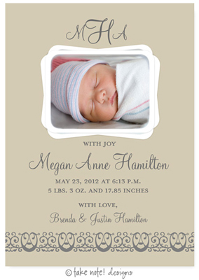 Take Note Designs Digital Photo Birth Announcements - Megan Anne Linen Scroll Take Note Designs Digital Photo Birth Announcements - Megan Anne Linen Scroll