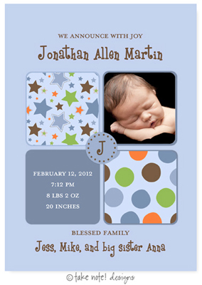 Take Note Designs Digital Photo Birth Announcements - Jonathan Allen Stars & Dots