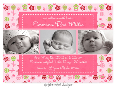 Take Note Designs Digital Photo Birth Announcements - Emerson Rae Flower Garden