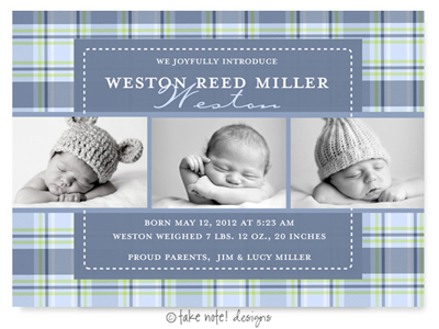 Take Note Designs Digital Photo Birth Announcements - Weston Reed 3 Photo Plaid