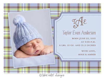 Take Note Designs Digital Photo Birth Announcements - Taylor Evan