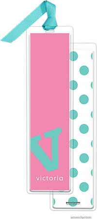 PicMe Prints - Personalized Bookmarks (Alphabet Tall - Turquoise on Bubblegum with Ribbon)