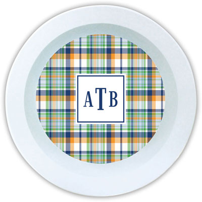 Boatman Geller - Personalized Melamine Bowls (Classic Madras Plaid Navy & Orange)