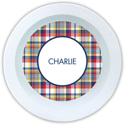 Boatman Geller - Personalized Melamine Bowls (Classic Madras Plaid Navy & Red)