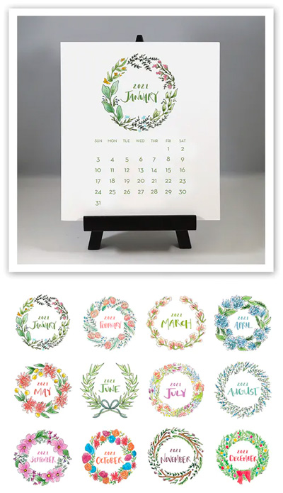 Flower & Vine - Watercolor Wreaths 2021 Desk Calendar & Easel Flower & Vine - Watercolor Wreaths 2021 Desk Calendar & Easel