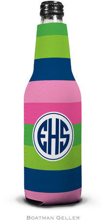 Personalized Bottle Koozies by Boatman Geller (Bold Stripe Pink Green & Navy)
