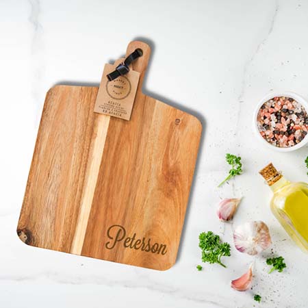 Personalized Acacia Cheese Board with Handle by Carved Solutions Personalized Acacia Cheese Board with Handle by Carved Solutions