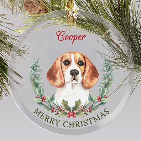 Personalized Small Watercolor Dog Breed with Plaid and Winter Watercolor Foliage Glass Ornament