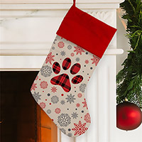 Red Plaid Paw Print Surrounded by Snowflakes Christmas Stocking