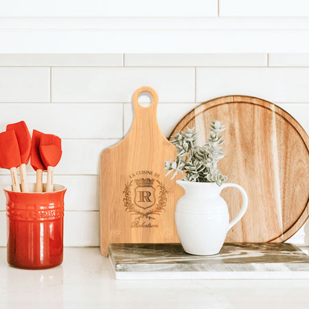Elegant Engraved Bamboo Paddle Cutting Boards by Three Designing Women