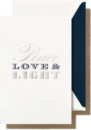Boxed Holiday Greeting Cards by Crane & Co. (Engraved Peace Love Light)