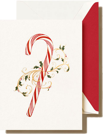 Boxed Holiday Greeting Cards by Crane & Co. (Foil Embossed Filigree Candy Cane)