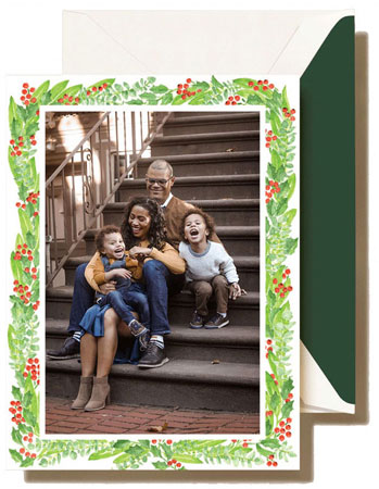 Boxed Holiday Photo Mount Cards by Crane & Co. (Watercolor Holly and Berries)