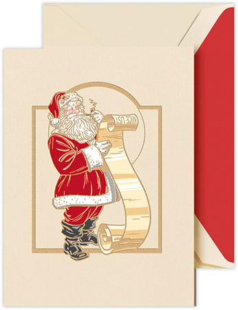 Boxed Holiday Greeting Cards by Crane & Co. (Engraved Vntage Santa with List)