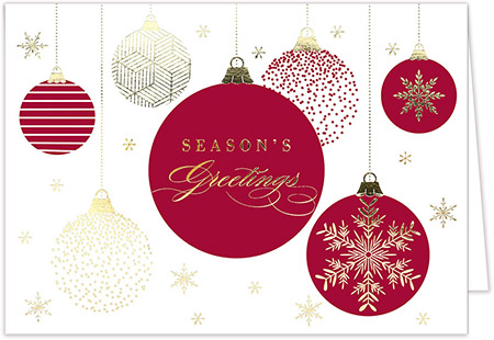 Personalized Holiday Greeting Cards by Carlson Craft - Crimson Baubles with Foil Personalized Holiday Greeting Cards by Carlson Craft - Crimson Baubles with Foil