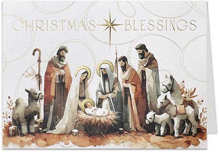 Holiday Greeting Cards by Carlson Craft - Watercolor Nativity with Foil
