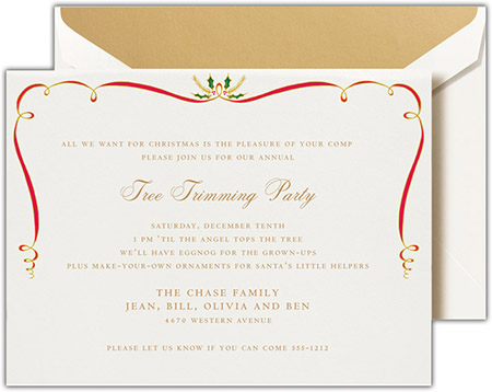 Holiday Invitations by Crane & Co. - Red Ribbon And Holly Holiday Invitations by Crane & Co. - Red Ribbon And Holly