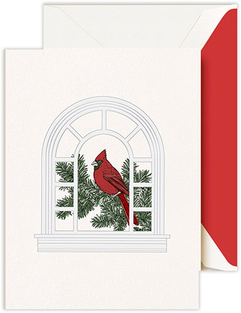 Holiday Greeting Cards by Crane & Co. - Engraved Cardinal In Window Holiday Greeting Cards by Crane & Co. - Engraved Cardinal In Window