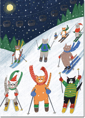 Boxed Charitable Holiday Greeting Cards by Good Cause Greetings - Skiing Cats