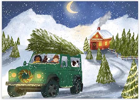Boxed Charitable Holiday Greeting Cards by Good Cause Greetings - Green Jeep