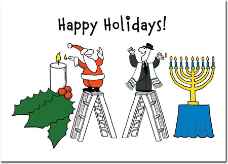Interfaith Holiday Greeting Cards by Just Mishpucha - Santa & Rabbi on Ladders Interfaith Holiday Greeting Cards by Just Mishpucha - Santa & Rabbi on Ladders