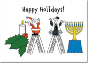 Non-Personalized Interfaith Holiday Greeting Cards by Just Mishpucha - Santa & Rabbi on Ladders
