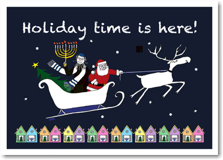 Interfaith Holiday Greeting Cards by Just Mishpucha - Sleigh Over Townhouses Interfaith Holiday Greeting Cards by Just Mishpucha - Sleigh Over Townhouses
