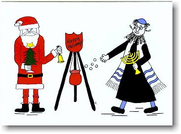 Interfaith Holiday Greeting Cards by Just Mishpucha - Santa and Rabbi Tossing Coins