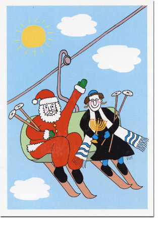 Non-Personalized Interfaith Holiday Greeting Cards by Just Mishpucha - Santa And Rabbi On Ski Lift