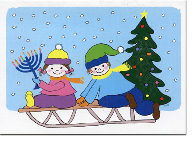 Non-Personalized Interfaith Holiday Greeting Cards by Just Mishpucha - Kids On Sled