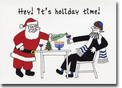 Non-Personalized Interfaith Holiday Greeting Cards by Just Mishpucha - Santa And Rabbi With Wine