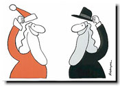 Interfaith Holiday Greeting Cards by Just Mishpucha - Santa & Rabbi Tipping Hats