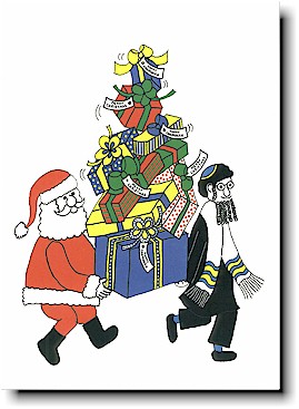 Non-Personalized Interfaith Holiday Greeting Cards by Just Mishpucha - Santa & Rabbi With Presents