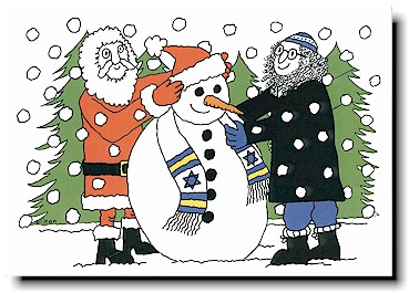 Non-Personalized Interfaith Holiday Greeting Cards by Just Mishpucha - Santa & Rabbi With Snowman