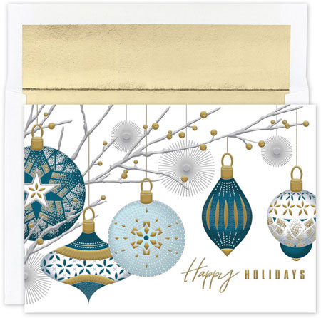 Pre-Printed Boxed Holiday Cards by Masterpiece Studios (Silver & Gold Baubles) Pre-Printed Boxed Holiday Cards by Masterpiece Studios (Silver & Gold Baubles)