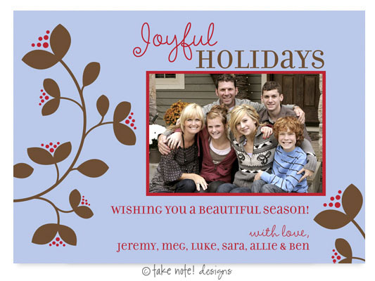 Take Note Designs Digital Holiday Photo Cards - Red Berry Vine on Blue