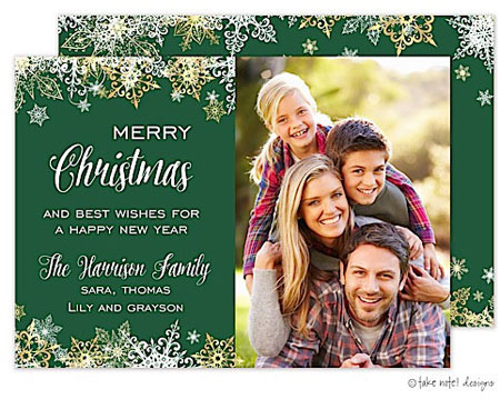 Take Note Designs Digital Holiday Photo Cards - Elegant Snowflake Scatter Green