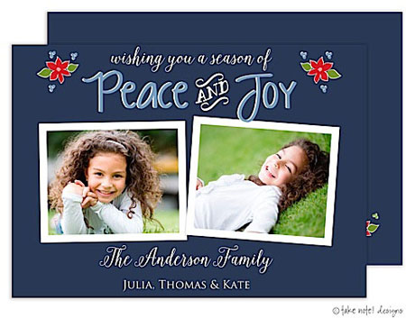 Take Note Designs Digital Holiday Photo Cards - Peace And Joy Christmas Poinsettias Blue
