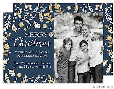 Take Note Designs Digital Holiday Photo Cards - Gold Foliage Scatter Navy