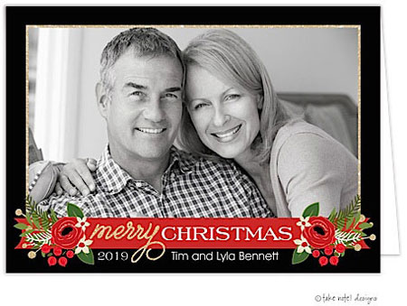 Take Note Designs Digital Holiday Photo Cards - Christmas Floral Gold Elegant Banner