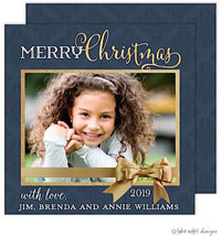 Take Note Designs Digital Holiday Photo Cards - Navy Damask Gold Ribbon Wrap