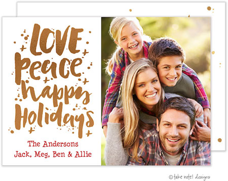 Take Note Designs Digital Holiday Photo Cards with Foil - Love Peace Happy Holidays Scatter
