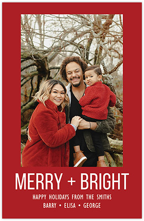 Mounted Holiday Photo Card - Bright Lettered Phrase - Merry + Bright Colored Cardstock | Three Bees