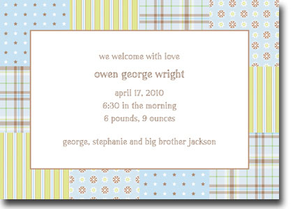 Boatman Geller - Riley Patch Blue Birth Announcements/Invitations Boatman Geller - Riley Patch Blue Birth Announcements/Invitations