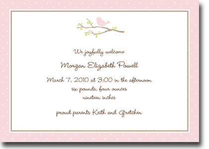 Boatman Geller - Bird On Branch Pink Birth Announcements/Invitations (H) Boatman Geller - Bird On Branch Pink Birth Announcements/Invitations (H)