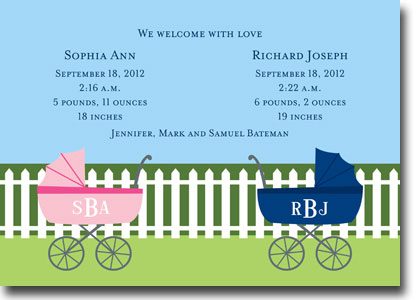 Boatman Geller - Charming Pram Twins Birth Announcements/Invitations (H) Boatman Geller - Charming Pram Twins Birth Announcements/Invitations (H)