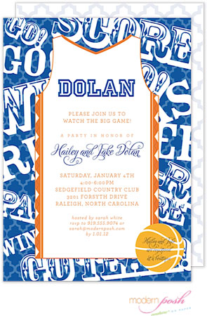 Modern Posh Invitations - Basketball (Dark Blue & Orange)