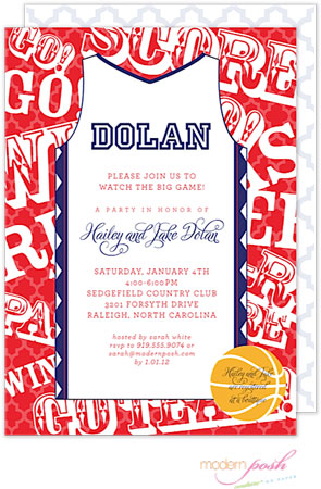 Modern Posh Invitations - Basketball (Red & Dark Blue)