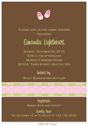 Take Note Designs Baby Shower Invitations - Pink Baby Shoes Polka Stripe